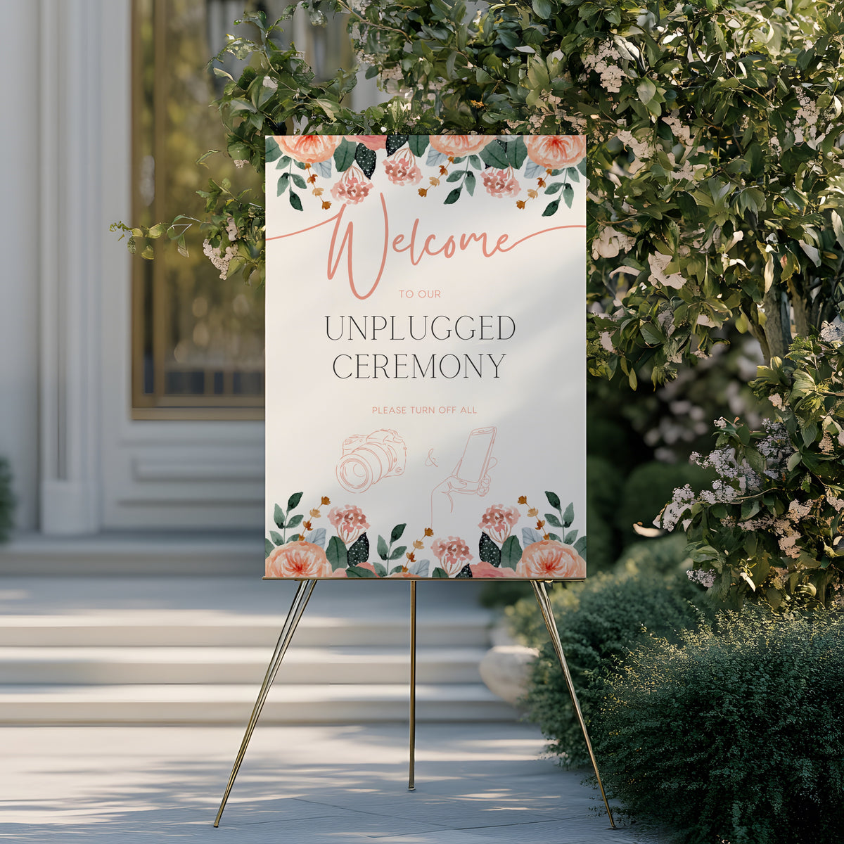 peach floral unplugged wedding ceremony sign - an elegant wedding unplugged ceremony sign, adorned with charming peach florals, to perfectly accompany a joyous wedding.