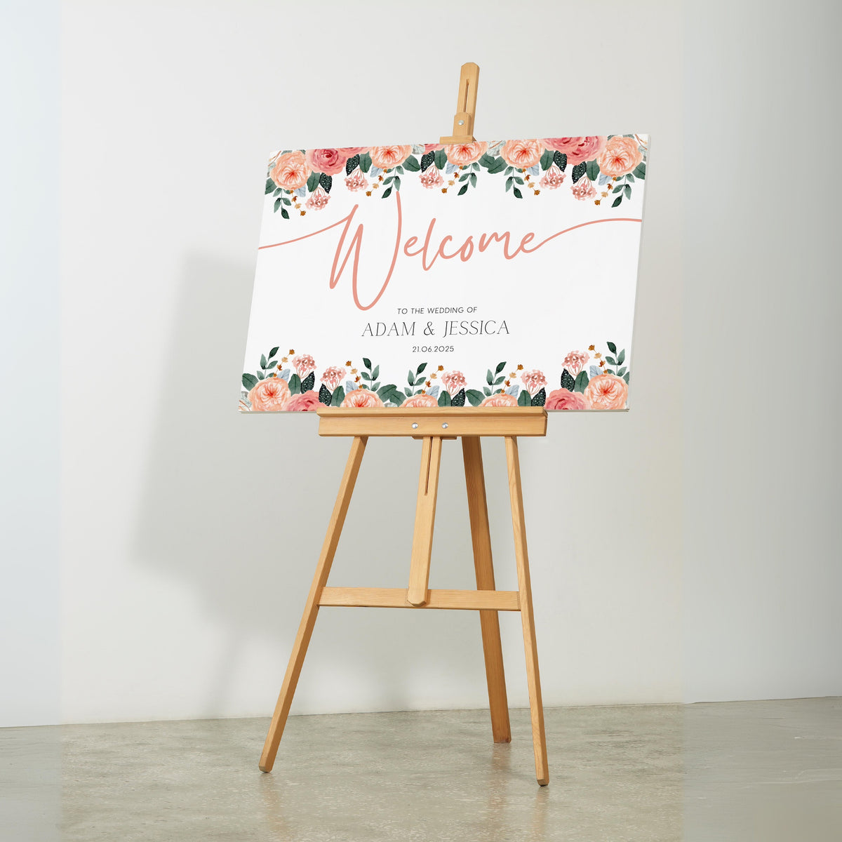 Peach and pink floral wedding welcome sign for a bright and happy wedding - personalised wedding board with custom names and date