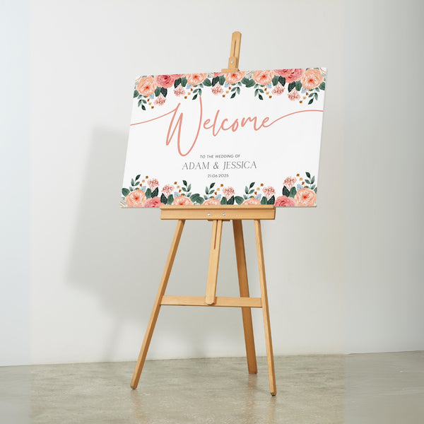 Peach and pink floral wedding welcome sign for a bright and happy wedding - personalised wedding board with custom names and date