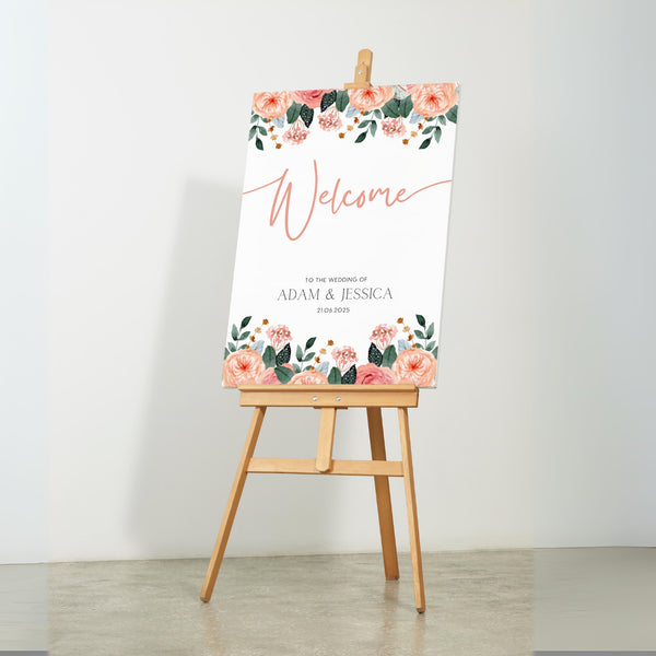 peach pink floral wedding welcome sign customised - personalised wedding welcome board with an elegant peach floral design, for a joyous celebration