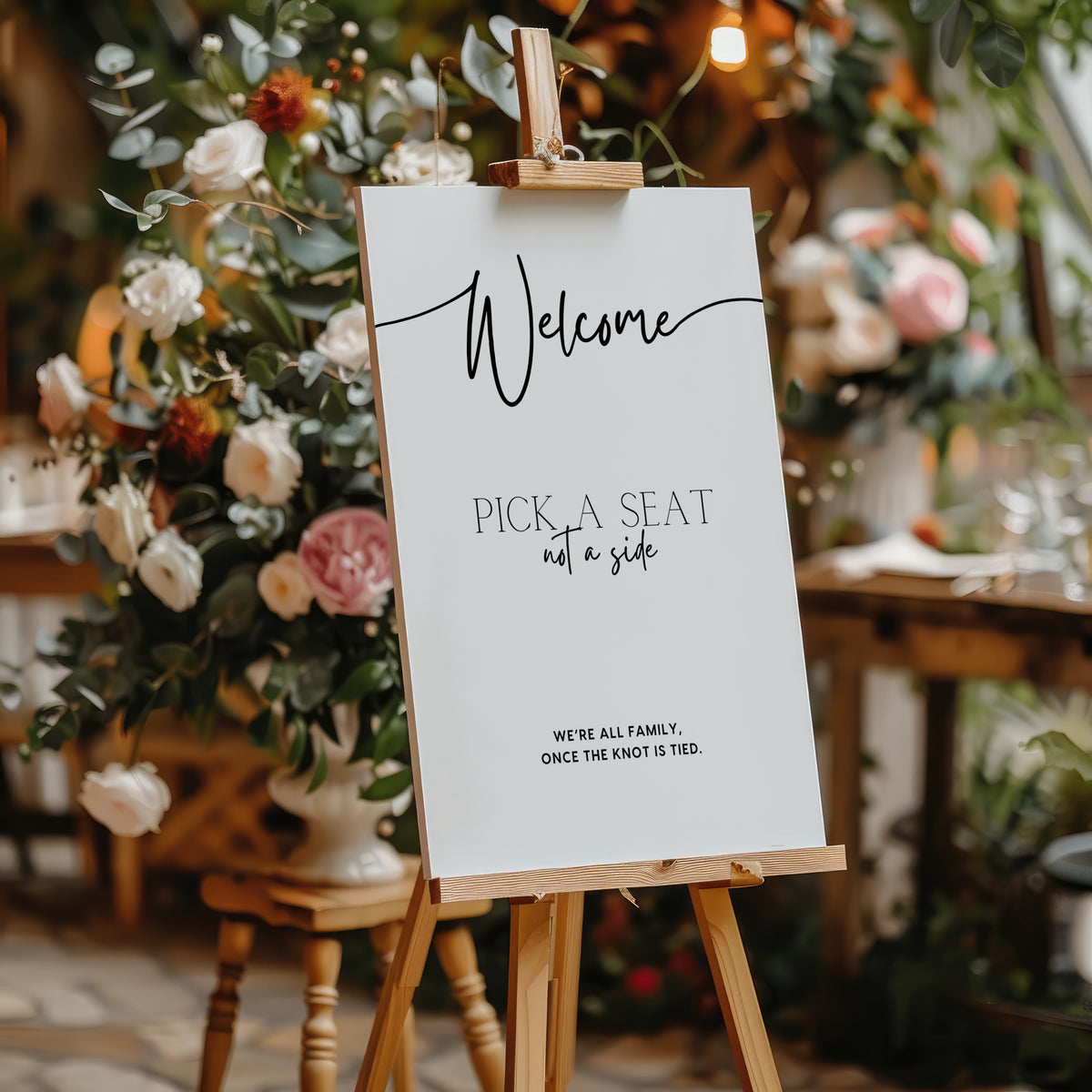 timeless white pick a seat not a side wedding welcome sign - personalised minimalist white wedding ceremony sign, featuring a crisp white background, with elegant black typography, giving the ultimate classy-chic look.