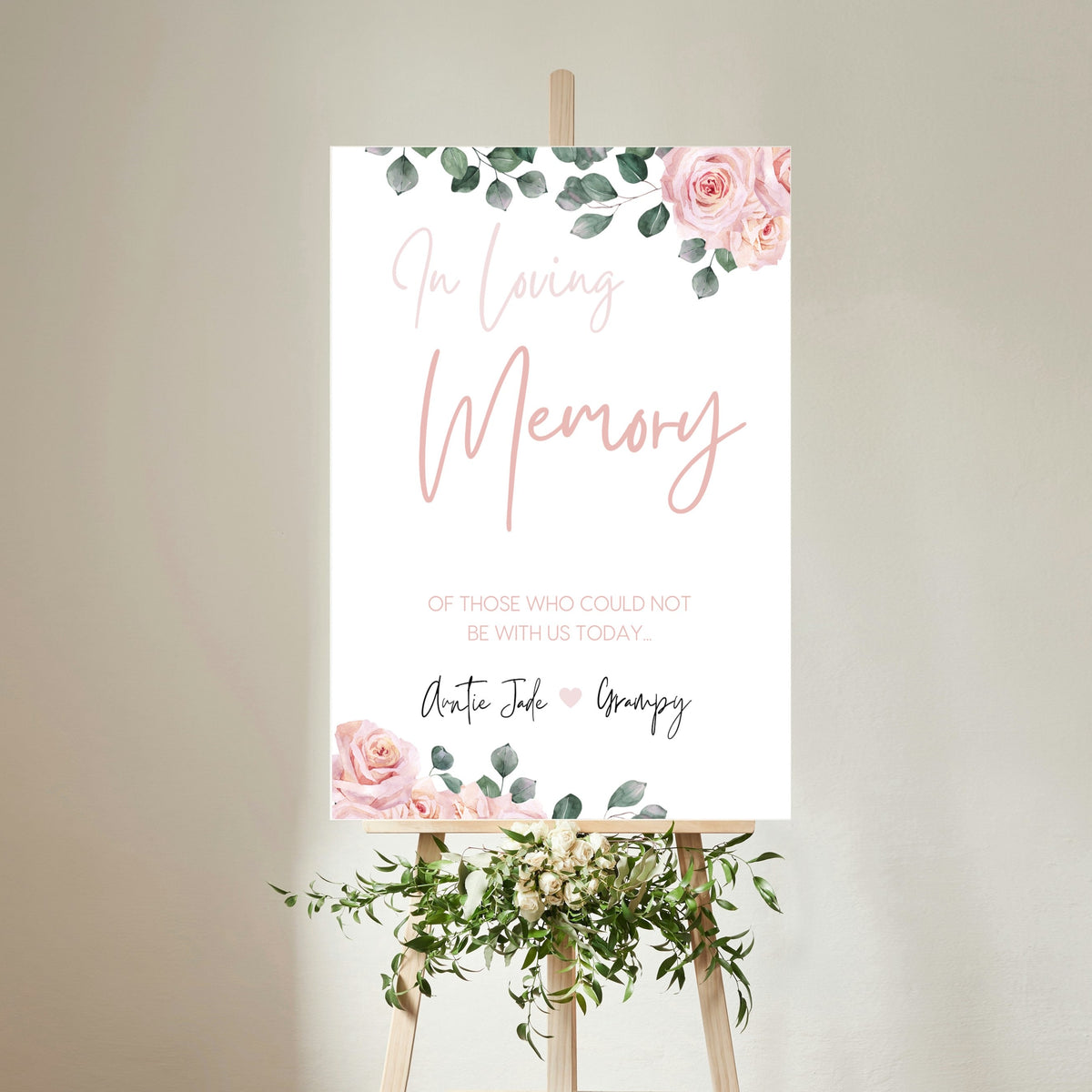 pink roses floral in loving memory table sign - affordable personalised wedding signs