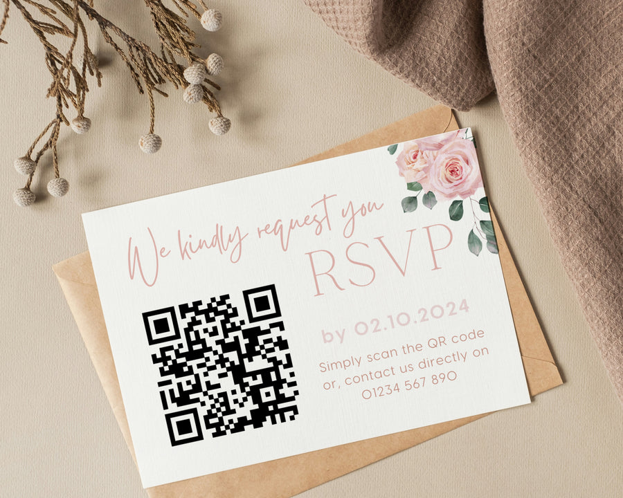 pink roses floral wedding RSVP with QR - personalised wedding RSVPs invitations