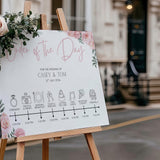 Pink roses design order of the day wedding sign - custom wedding board with elegant text and icons, displaying the order of events, featuring blush pink roses and an elegant header.