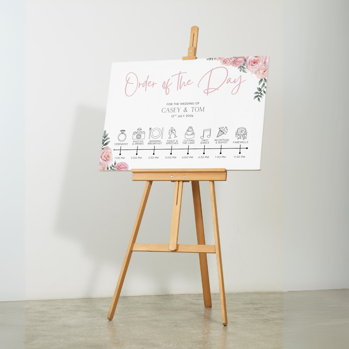 Pink roses design order of the day wedding sign - custom wedding board with elegant text and icons, displaying the order of events, featuring blush pink roses and an elegant header.
