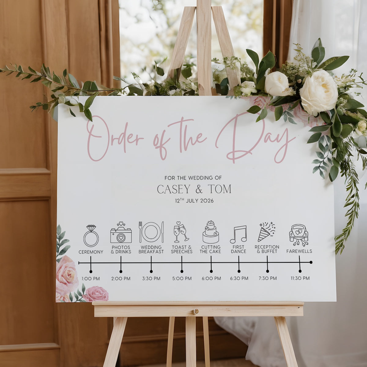 Pink roses design order of the day wedding sign - custom wedding board with elegant text and icons, displaying the order of events, featuring blush pink roses and an elegant header.