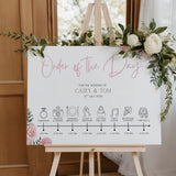 Pink roses design order of the day wedding sign - custom wedding board with elegant text and icons, displaying the order of events, featuring blush pink roses and an elegant header.