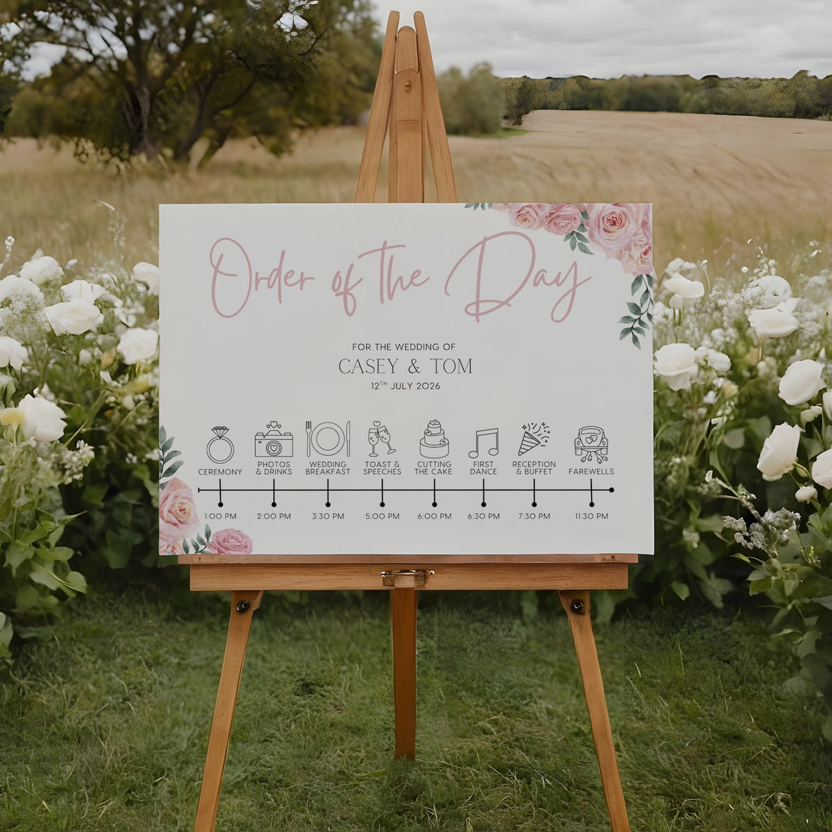 Pink roses design order of the day wedding sign - custom wedding board with elegant text and icons, displaying the order of events, featuring blush pink roses and an elegant header.