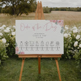 Pink roses design order of the day wedding sign - custom wedding board with elegant text and icons, displaying the order of events, featuring blush pink roses and an elegant header.