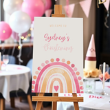 Personalised Christening Welcome Sign – A beautifully designed welcome sign featuring the baby’s name and event details, displayed on an easel at a christening venue.