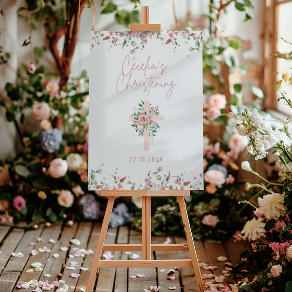 Personalised Christening Welcome Sign – A beautifully designed welcome sign featuring the baby’s name and event details, displayed on an easel at a christening venue.