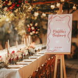Personalised Christening Welcome Sign – A beautifully designed welcome sign featuring the baby’s name and event details, displayed on an easel at a christening venue.