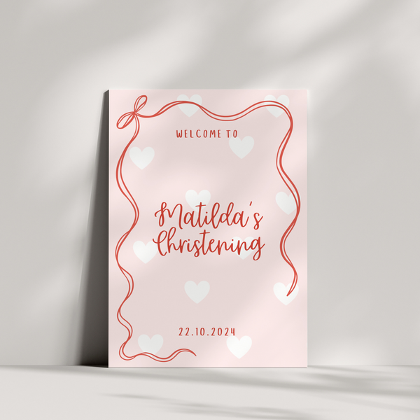 Personalised Christening Welcome Sign – A beautifully designed welcome sign featuring the baby’s name and event details, displayed on an easel at a christening venue.