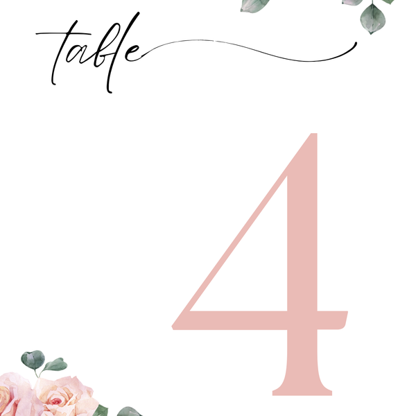 pink roses floral table number for wedding tables - luxury wedding table numbers personalised
