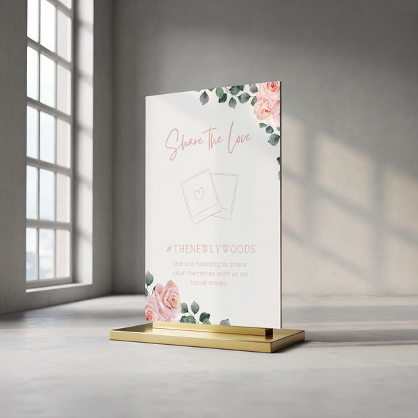 pink roses Floral Wedding Hashtag Sign for Reception Display - Personalised wedding hashtag social media sign
