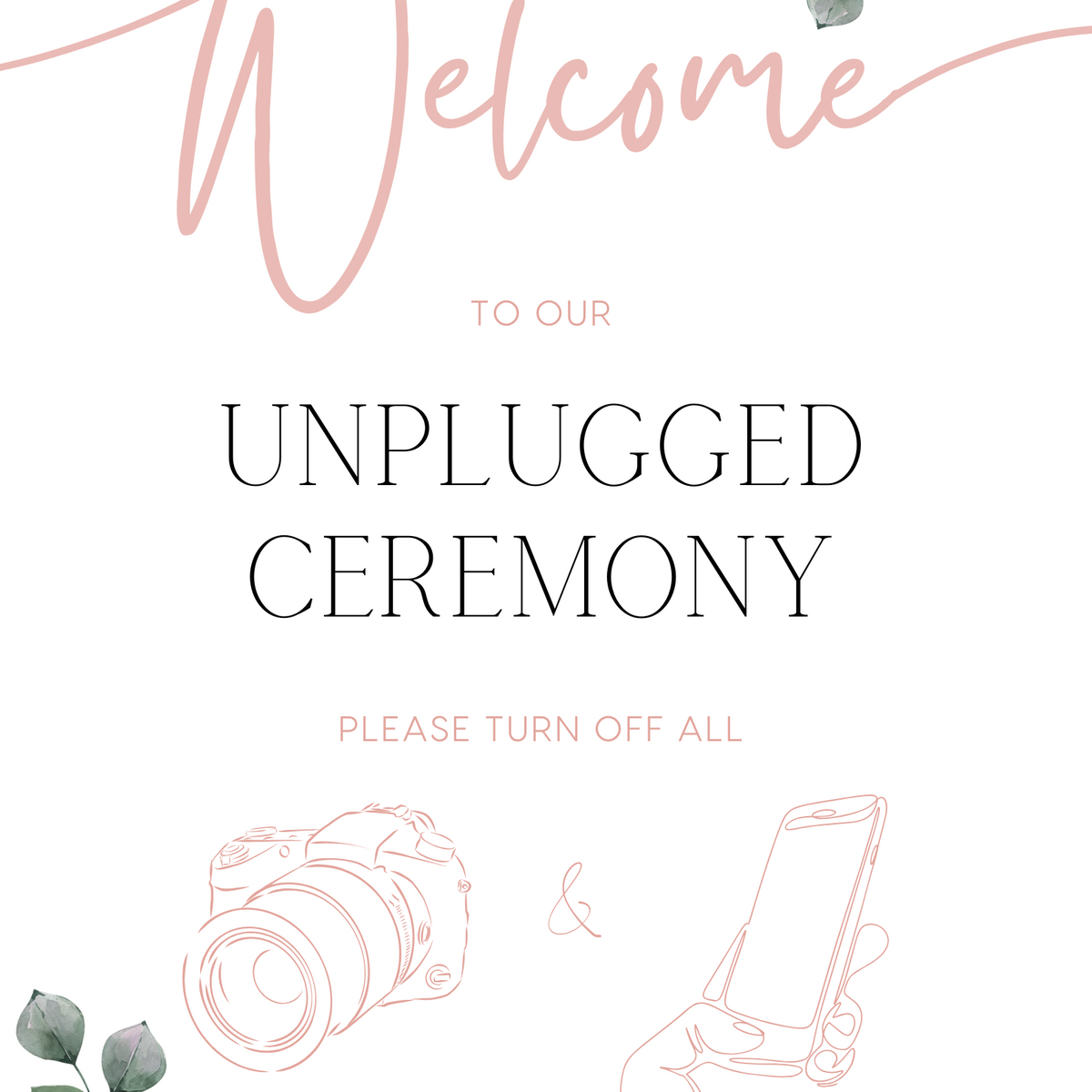 Pink Roses floral unplugged ceremony sign, in an elegant layout to impress your guests. Custom unplugged ceremony wedding board for unplugged wedding