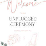 Pink Roses floral unplugged ceremony sign, in an elegant layout to impress your guests. Custom unplugged ceremony wedding board for unplugged wedding