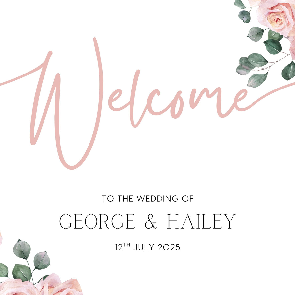 Pink Rose Floral wedding welcome sign in landscape orientation. A beautiful wedding welcome board, personalised with names and a date, adorned with pink roses and soft blush hues.