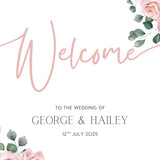 Pink Rose Floral wedding welcome sign in landscape orientation. A beautiful wedding welcome board, personalised with names and a date, adorned with pink roses and soft blush hues.