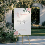 Pink Roses floral Pick a Seat Not a Side wedding ceremony sign - personalised wedding ceremony welcome sign, with a crisp white background, elegant blush pink typography, and adorned with sophisticated pink roses