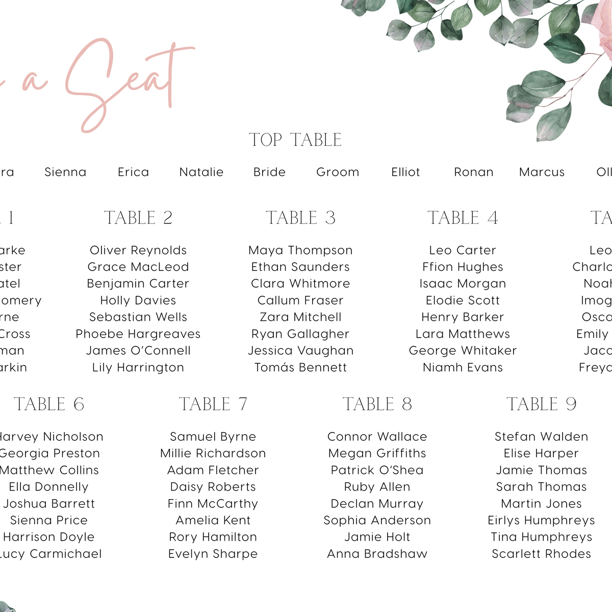 pink roses floral wedding seating plan - personalised wedding seating chart board with pink florals