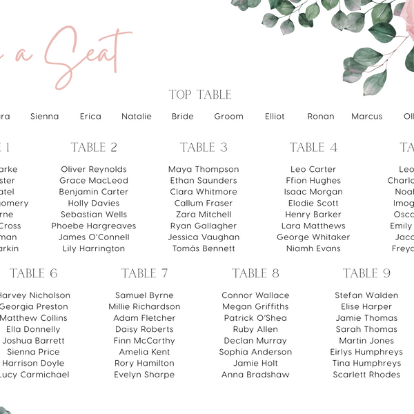 pink roses floral wedding seating plan - personalised wedding seating chart board with pink florals