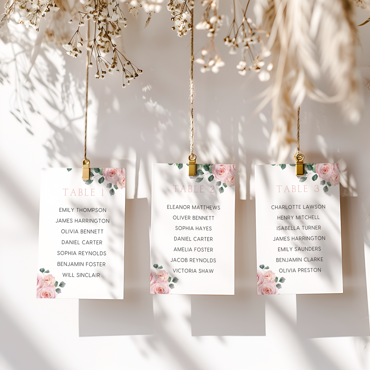 Custom Wedding Seating Plan Cards A5 or A6 – Elegant A5 or A6 wedding seating plan cards printed on 350gsm cardstock, featuring table numbers and guest names.