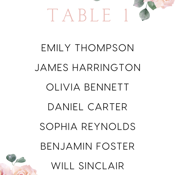 Custom Wedding Seating Plan Cards A5 or A6 – Elegant A5 or A6 wedding seating plan cards printed on 350gsm cardstock, featuring table numbers and guest names.