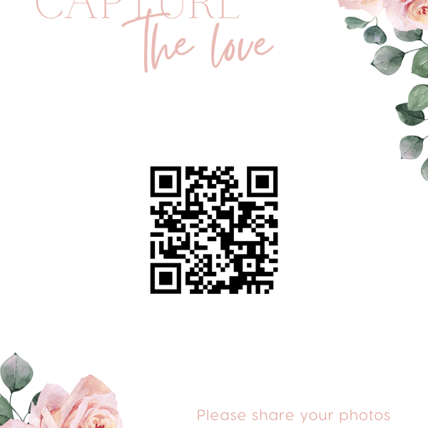 pink roses floral photo sharing qr code sign for wedding tables - luxury wedding table signage for guests to share photos