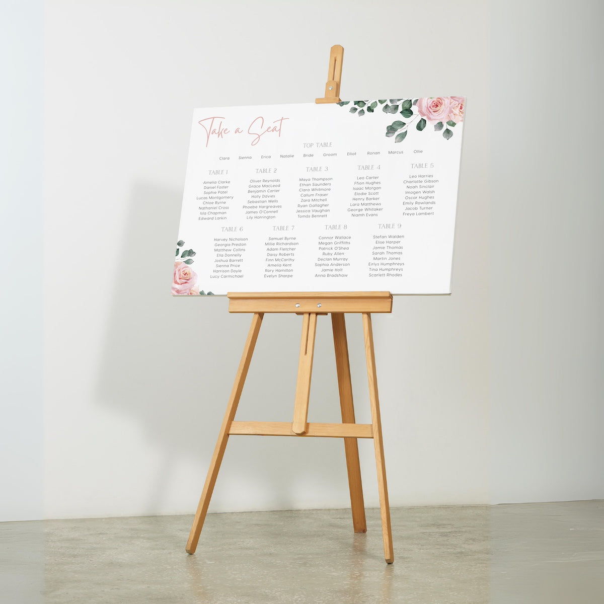 pink roses floral wedding seating plan - personalised wedding seating chart board with pink florals
