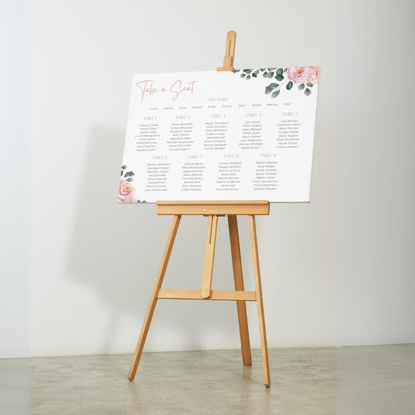 pink roses floral wedding seating plan - personalised wedding seating chart board with pink florals