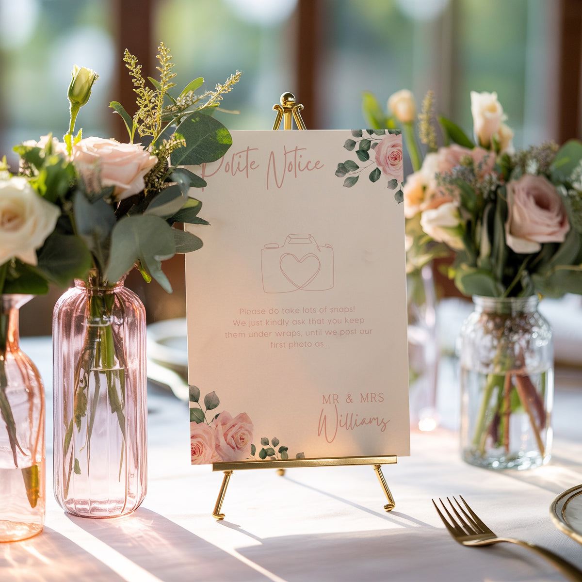 pink roses floral polite notice wedding sign - Polite notice card for wedding display - luxury wedding signage