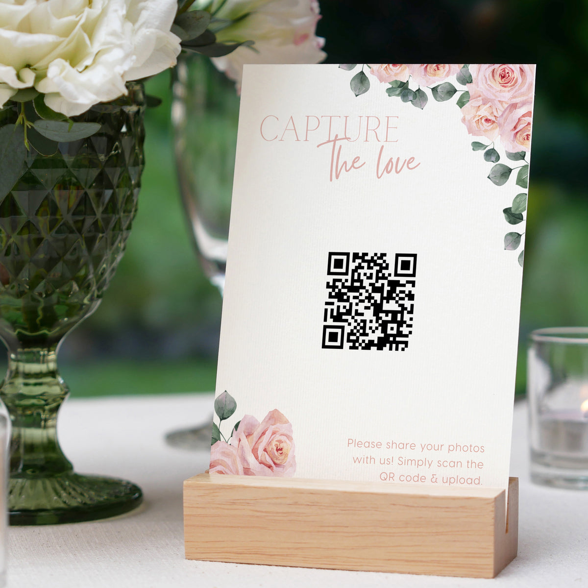 pink roses floral photo sharing qr code sign for wedding tables - luxury wedding table signage for guests to share photos