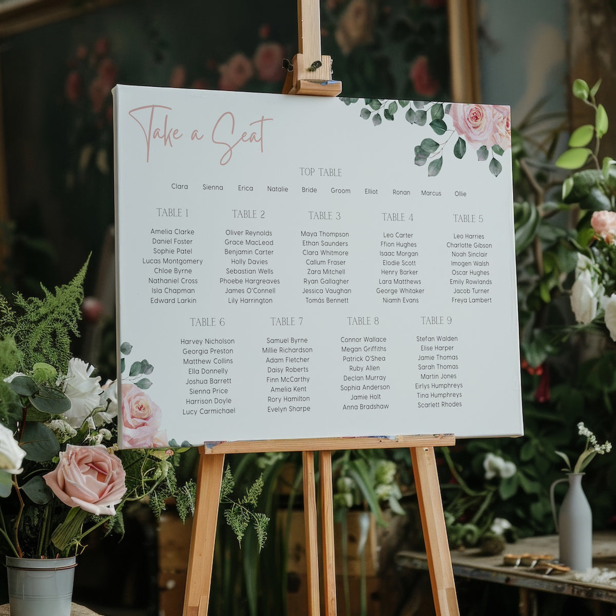 pink roses floral wedding seating plan - personalised wedding seating chart board with pink florals