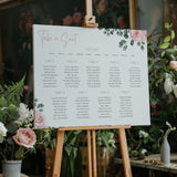 pink roses floral wedding seating plan - personalised wedding seating chart board with pink florals