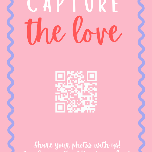 cutesy pink and red photo sharing qr code sign for wedding tables - luxury wedding table signage for guests to share photos