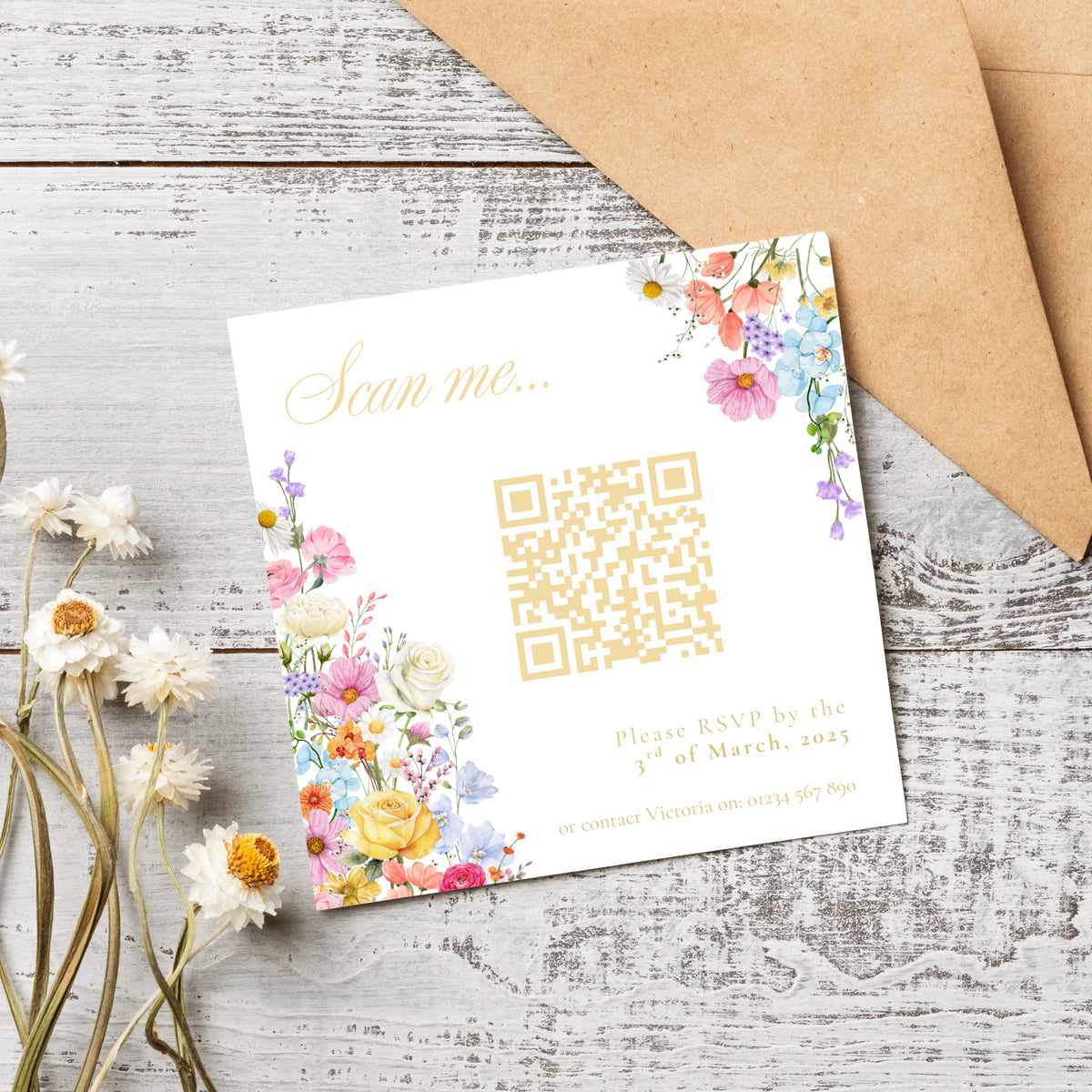 Custom QR Code RSVP Wedding Cards - Our Summer Collection features beautiful wedding stationery and signage with gentle summer colours, vibrant florals, and soft butter yellow text – perfect for adding a fresh, romantic feel to your special day.