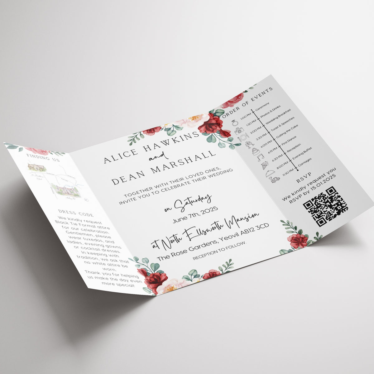 Romantic Red Floral Gatefold Wedding Invitations