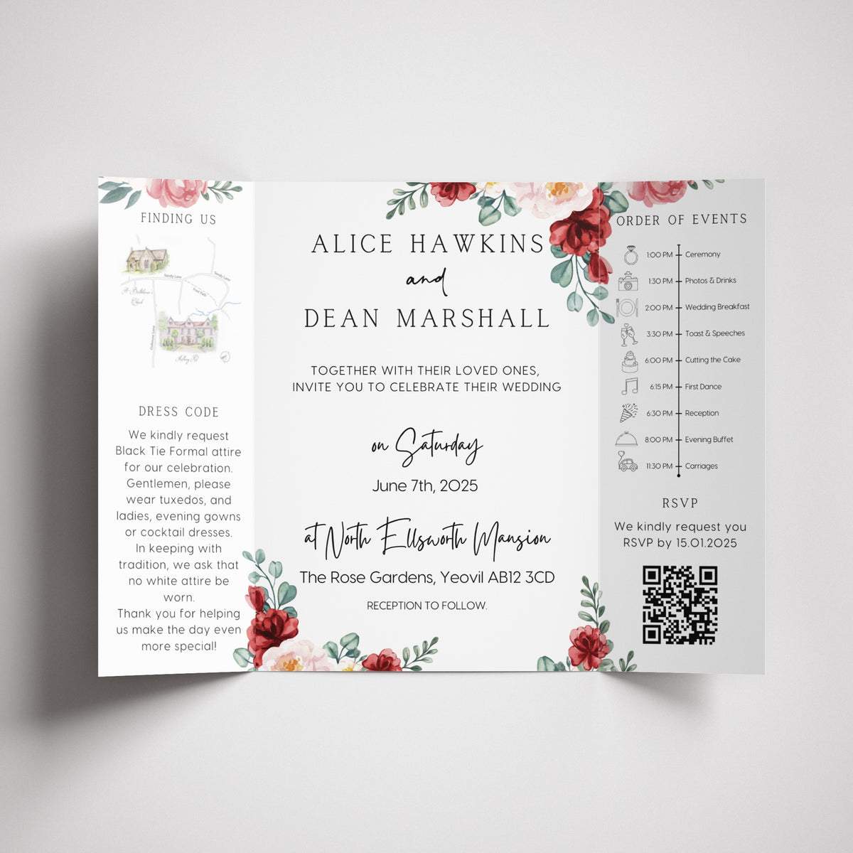 Romantic Red Floral Gatefold Wedding Invitations