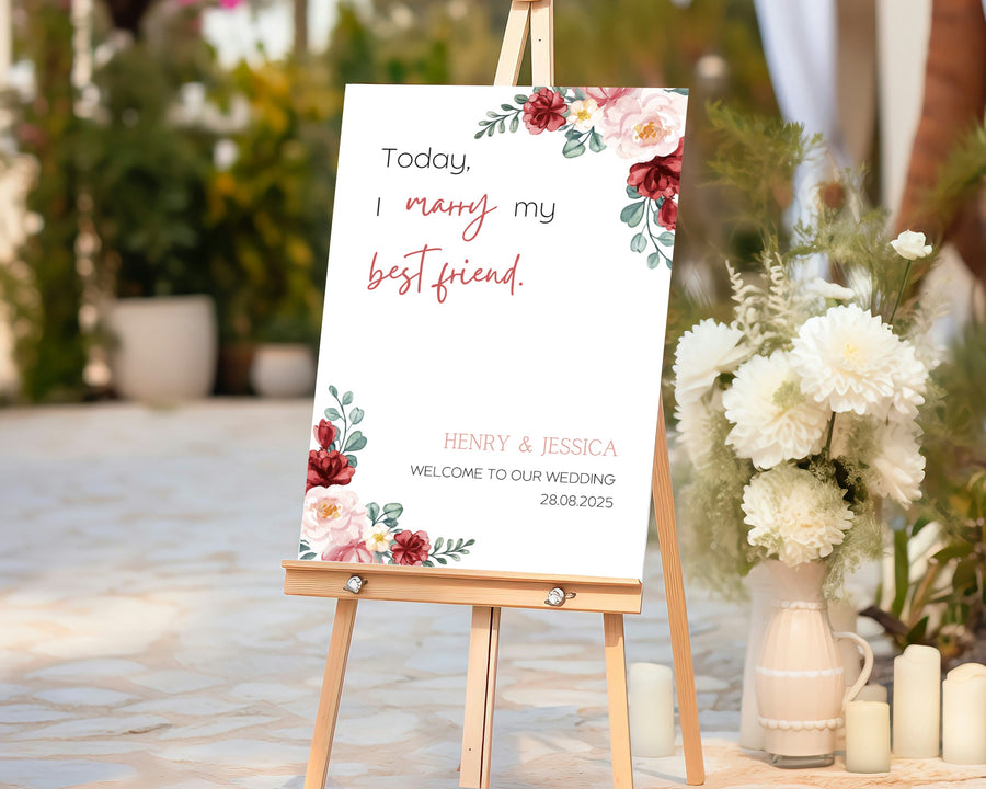 red and cream floral today I marry my best friend wedding welcome sign personalised