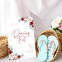 A stylish wedding sign reading "A little treat for your dancing feet, please take a pair", displayed next to a basket of flip-flops for guests. The design features elegant typography, perfect for a wedding reception.