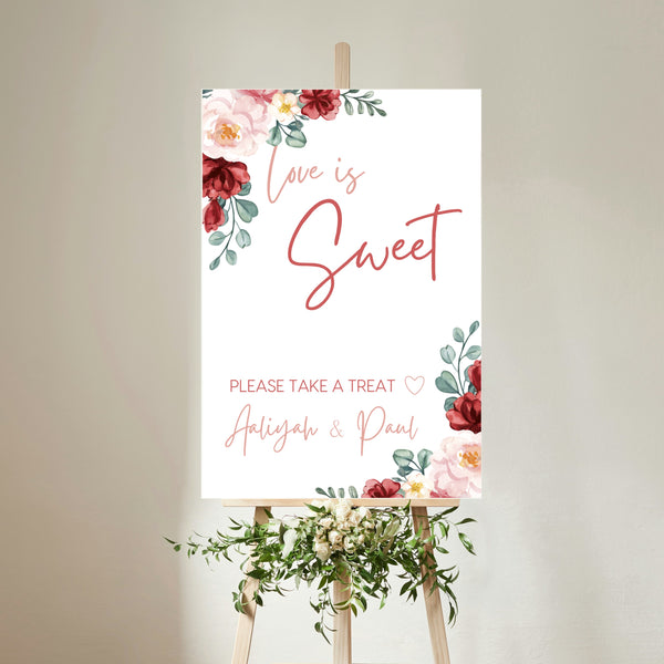red and cream floral wedding sweet table sign - personalised love is sweet sign