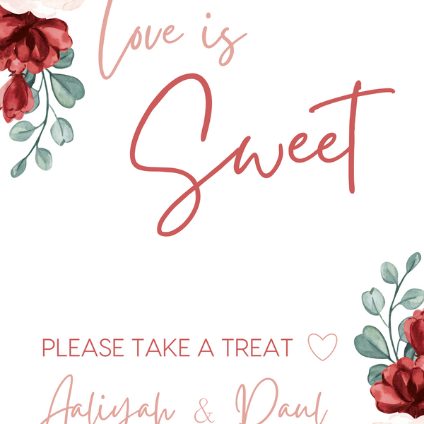 red and cream floral wedding sweet table sign - personalised love is sweet sign
