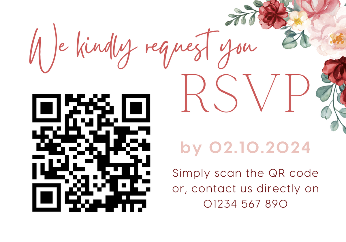 red and cream floral wedding RSVP with QR - personalised wedding RSVPs invitations