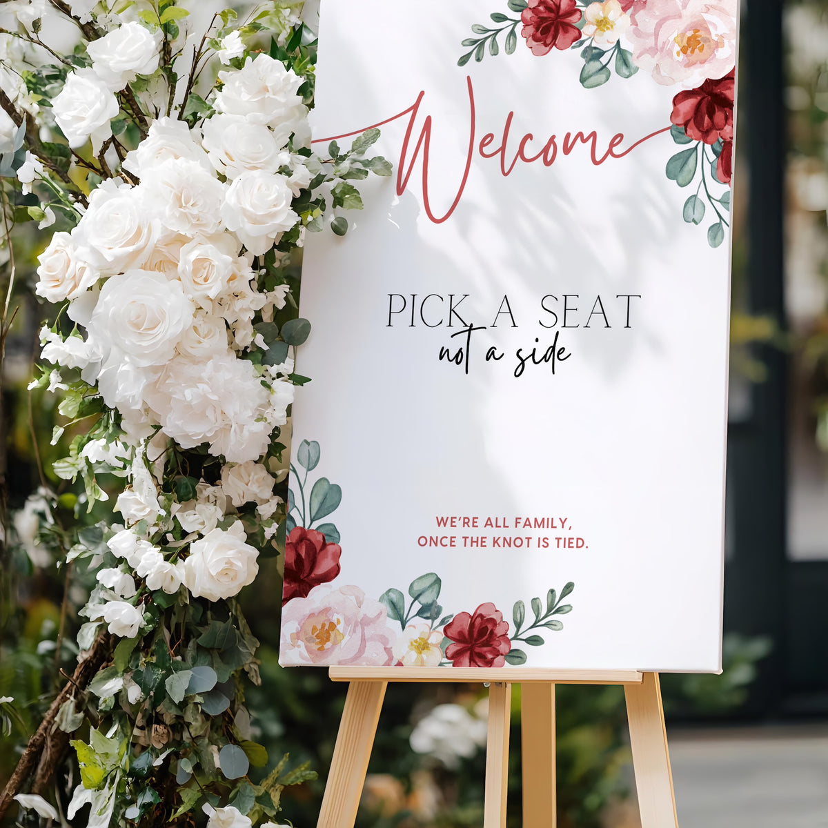 Romantic Red Floral pick a seat not a side wedding sing - personalised wedding ceremony welcome sign in romantic red florals and elegant typography. The perfect way to make a grand impression on your special day