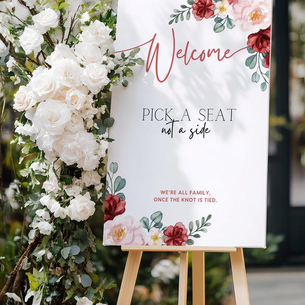 Romantic Red Floral pick a seat not a side wedding sing - personalised wedding ceremony welcome sign in romantic red florals and elegant typography. The perfect way to make a grand impression on your special day