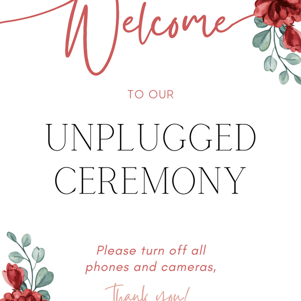 Red Burgundy floral unplugged ceremony sign, in an elegant layout to impress your guests. Custom unplugged ceremony wedding board for unplugged wedding