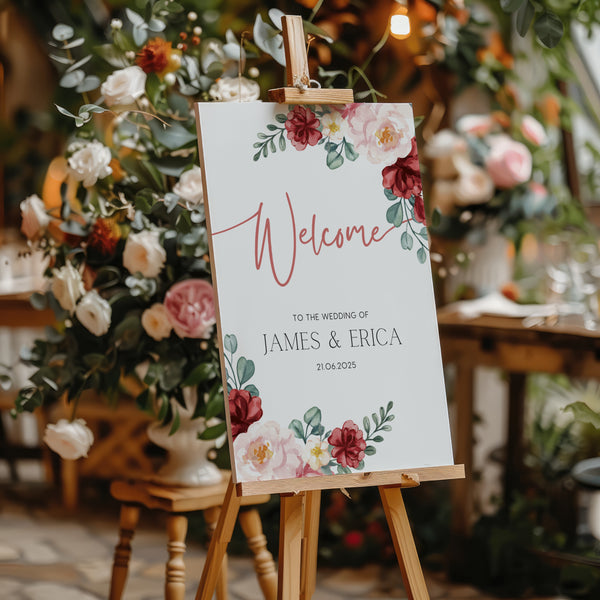 Red Pink Floral Wedding Welcome Sign in Portrait Orientation. Elegant and sophisticated in design. Personalised wedding signs, printed and delivered in the UK