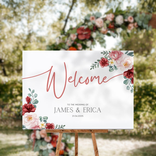 red and cream floral wedding welcome sign - elegant burgundy floral welcome sign personalised and printed in the UK