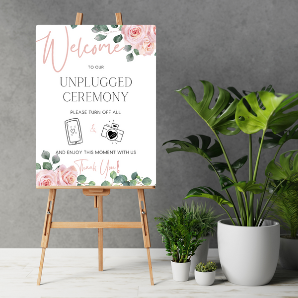 Pink Roses Floral Unplugged Ceremony Sign